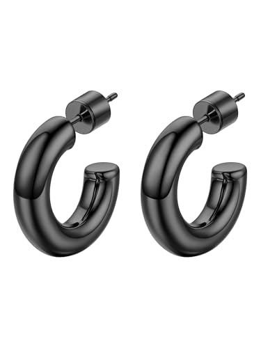 Image of Stainless Steel Chunky Hoop Earrings For Women, Minimalist and Chic, Black /Gold Plated, Round Hoops Earrings Hypoallergenic, Size: 30mm /40mm /60mm /80mm, Come with Box