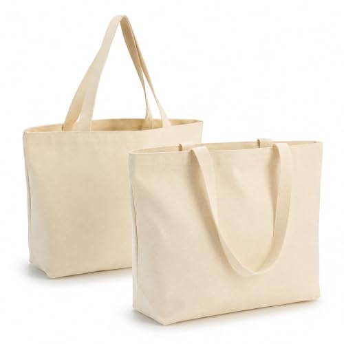 Image of Canvas Tote Bag, 2 Pack White Cotton 42x32x10cm, Reusable Blank for Crafts | Quality cotton canvas - not flimsy polyester. Holds shape through daily use & washings, no fraying.