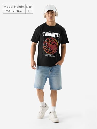 Image of The Souled Store Official House of The Dragon: Fire and Blood Men and Boys Black Graphic Print Short Sleeve Round Neck Relaxed Fit T-Shirts Men's Loose Fit T-Shirts Relaxed Comfort Roomy Tees Casual