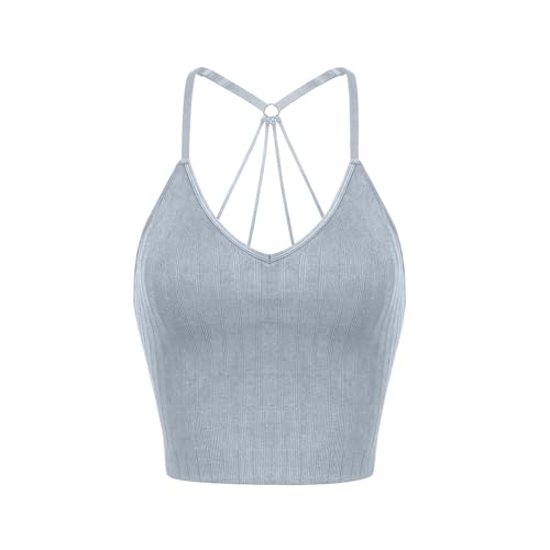 Image of ODODOS Seamless Padded Sports Bra for Women Strappy Longline Wirefree Brami Ribbed Crop Tank Tops
