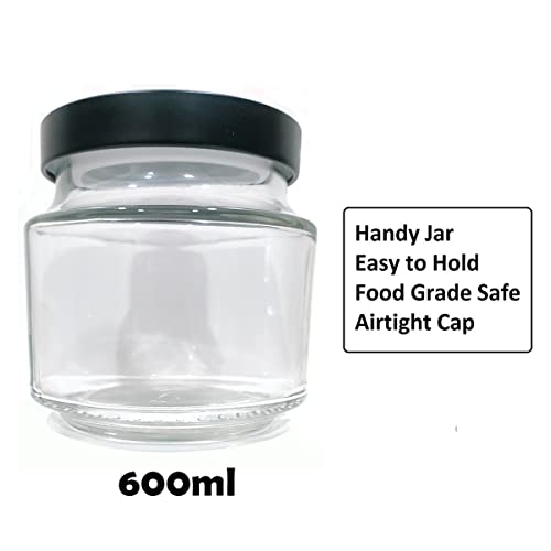 Image of Piraml Glass Transparent Jars & Containers for Kitchen Pantry, Snacks, Masala, Pickles, Dry Fruits, Coffee Beans Storage with Black Color Double Layer Metal Pop Lid (Set Of 4) (600ml Round Black Cap)