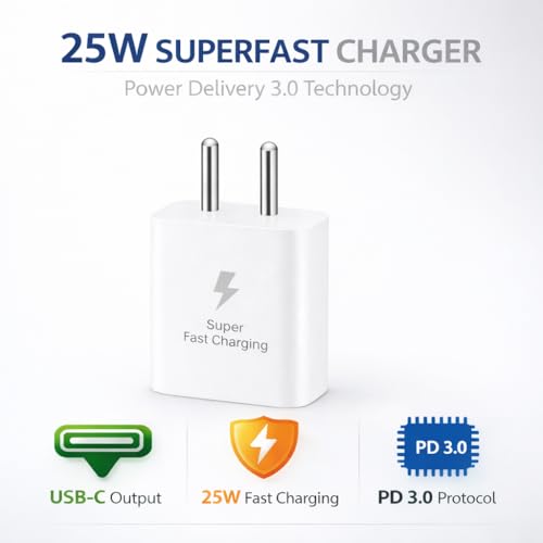 Image of 25W Charger for Samsung Galaxy M06 with Type-C to C Cable | Super Fast Charging PD Adapter for Galaxy S26 /S25 Ultra, S24 FE, M17e /A36 /A16, M15 /M17 /M55 5G, F17 /F70e /Z Fold & S /A /M /F /Z Series Phones