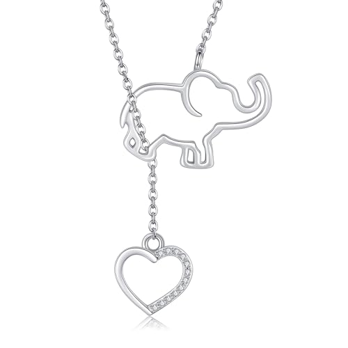 Elephant Y-Necklace 925 Sterling Silver Animal Lariat Necklace Jewelry Heart and Elephant Gifts for Women