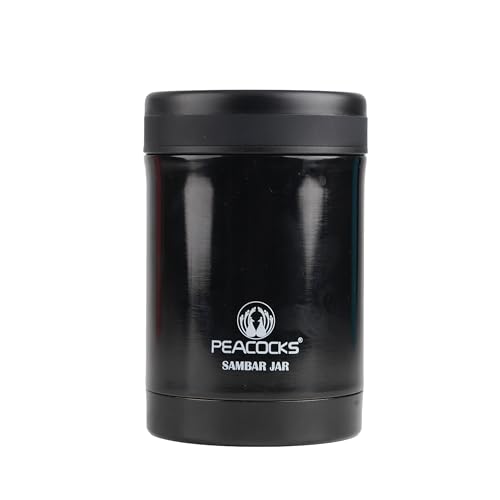Image of PEBirds - Peacocks Stainless Steel Vacuum Insulated Food Jar 390ml | Sambar and Soup Container | Leakproof Thermal Lunch Jar for Office, School, Travel | Hot & Cold Food Flask (Black)