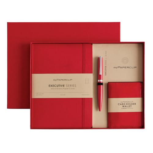 Image of myPAPERCLIP Executive Series A5 Diary & Pen Gift Set | Includes Classic Ball Pen, Italian Leather Card Holder & Softcover Notebook | 192 Pages, 80 GSM | Ideal Corporate, Office & Personal Gift | Red