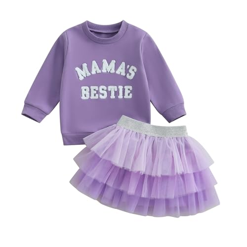 Kids Baby Girls Mamas Bestie Skirts Set Long Sleeve Embroidery Letter Sweatshirt Tops and Mini Ruffled Tutu Skirts