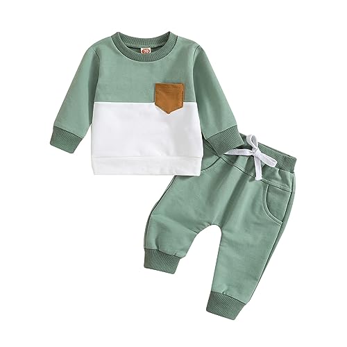 Generisch Conjunto de traje para niños y niñas, ropa unisex 100% algodón, conjunto de ropa para niños, 2 piezas, camiseta de manga larga y pantalones con bolsillos, verde, 12-18 meses