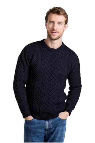 Pull en laine mérinos super douce marine, maille irlandaise haut de gamme