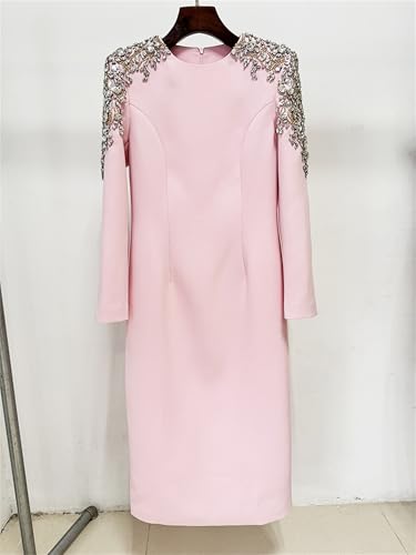 Women's Designer Party Midi Dress Diamonds Beaded Long Sleeved Round Neck Birthday Dresses Elegant Female Clothing3