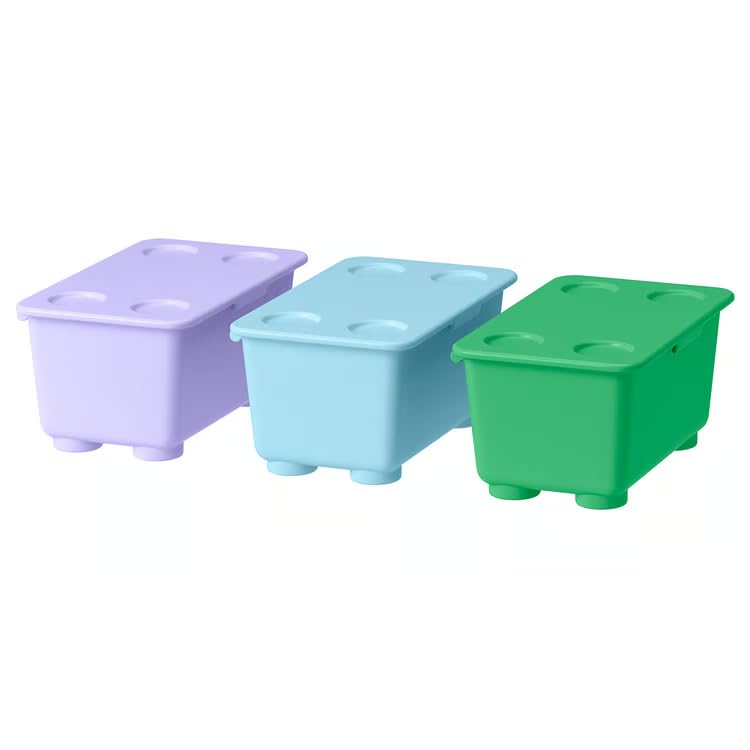 glis box with lid, green/lilac/blue, 17 x 10 x 8 cm, set of 3 | colourful stackable storage boxes | small organiser for pens, pencils, toys & desk accessories