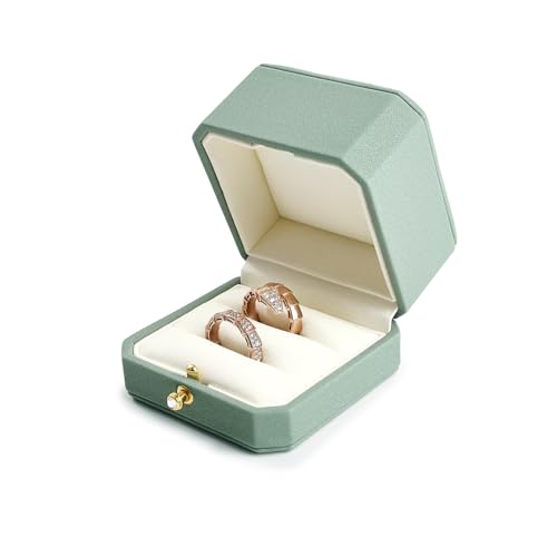 2Slots Leather Ring Box Jewelry Gift Box Mirofiber Interior Wedding Ring Case for Birthday, Proposal, Engagement, Wedding, Valentine's Day (Green)