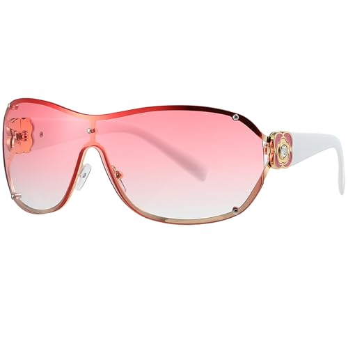 Breaksun Fashion Oversized Y2K Sunglasses for Women Men Luxury Wrap Around Shield Sun Glasses Trendy Rimless Shades (Pink gradient)