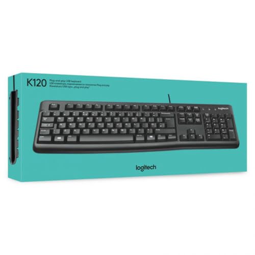 Logitech Clavier professionnel filaire K120 pour Windows et Linux, port USB, saisie silencieuse, robuste, résistant aux éclaboussures, support de clavier, disposition en espagnol - noir