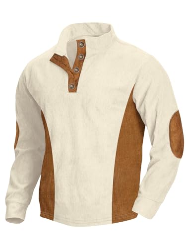 DEEX Men's Corduroy Sweatshirt Casual Long Sleeve Stand Collar Button Color Block Thermal Pullover Polo Sweatshirts for Men 6