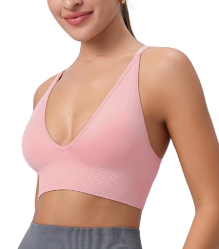 Image of Deep V-Neck Adjustable Women's Sports Bra | Wireless Longline Strappy Criss Cross Padded Spaghetti Straps Light Impact Workout Yoga Crop Top
