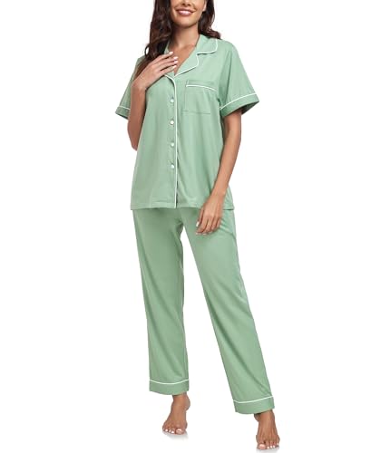 Image of CF Womens 100% Cotton Pajamas Set Button Down Pjs Sets Short Sleeve Top & Long Pants Sleepwear Comfy Loungewear with Pockets