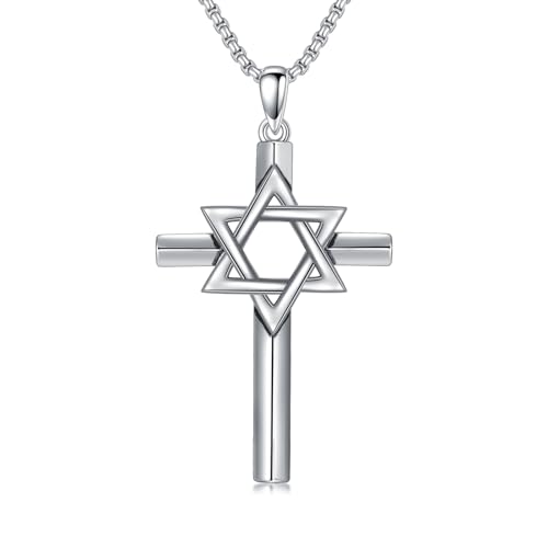 Star of David Necklace 925 Sterling Silver Jewish Necklace Star Crucifix Cross Pendant Judeo Christian Religious Jewelry Gifts for Men Women