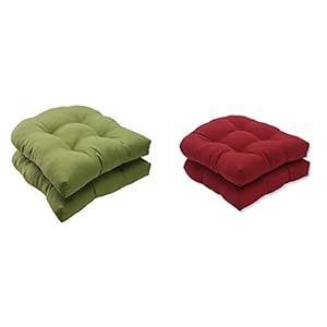 Pillow Perfect Forsyth Solid Indoor/Outdoor Wicker Patio Seat Cushions, Plush Fiber Fill, Weather and Fade Resistant, 2 Count, Green & Outdoor/Indoor Pompeii Tufted Seat Cushions