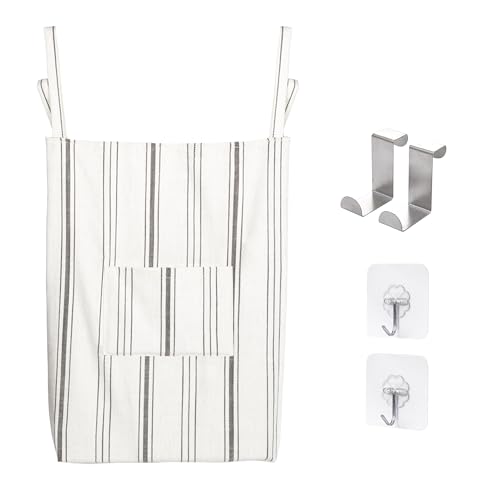 Image of AELS Farmhouse Hanging Laundry Hamper with 2 Hooks, Gray Stripes Laundry Bag with Zipper & Wide Open Top, Over the Door Organizer for Dirty Clothes, Washable Space Saving Storage