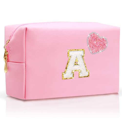 Personalized Initial Makeup Bag with Bling Heart Preppy Cosmetic Bag Cute Toiletry Travel Bag For Teen Girls Women Letter Makeup Pouch Purse for Holiday Birthday Christmas Gifts (A, Pink)