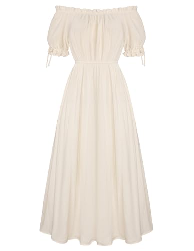 Renaissance Dress Women Cotton Short Sleeve Peasant Summer Maxi Dress Apricot S