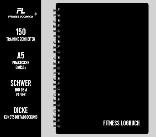 Fitness Logbuch Plastik-Cover Schwarz - undatiertes Workout-Tagebuch – A5-Format, dickes Papier, starke Bindung – stilvolles und minimalistisches Trainingstagebuch