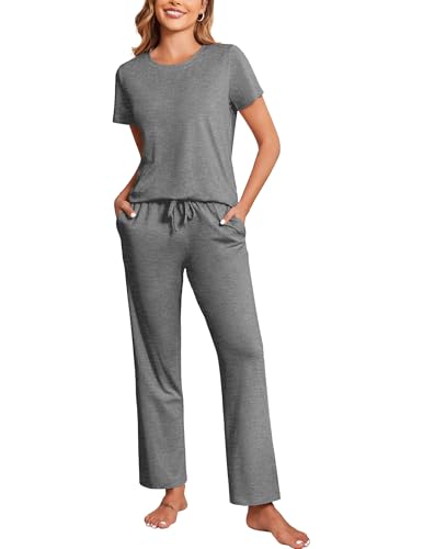 Ekouaer Cotton Pajamas Short Sleeve T-Shirt Top and Long Pants ...