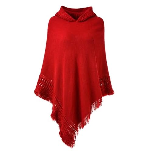 Ferand Ladies' Hooded Cape with Fringed Hem, Crochet Poncho Knitting Patterns for Women One Size Red