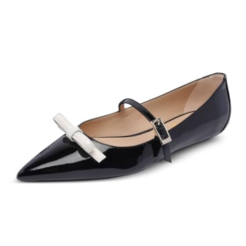 Pazzion Women Glossy Closed Pointy Toe Mary Jane Flats Bows