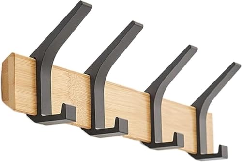 Moderno estante de la capa de pared 5 ganchos, colgante de madera y metal de bambú, diseño deslizante, organizador de servicio pesado para el dormitorio del pasillo de la entrada, negro de troncos