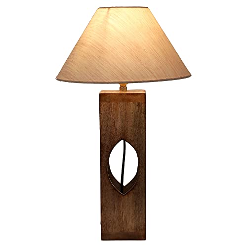 Image of tu casa Handcrafted Mango Wood Table Lamp with Off-White Cotton Shade | Bedside & Study Table Lamp for Bedroom, Living Room, Dining Area & Home Decor | Height 44 cm | Bulb Not Included