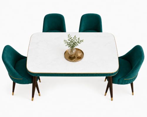 Image of WOODEN SPACE Majestic 4 Seater Wooden Dining Table Set | Urban Marble Top Dining Table with Chairs for Dining Room & Kitchen (Modern Grand Aura Sea Blue) (54x36x30 inch)