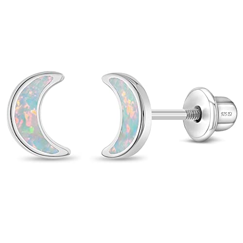925 Sterling Silver Simulated Opal Crescent Moon Screw Back Earrings For Little Girls & Preteens - Adorable Moon Shaped Earrings For Young Girls - Hypoallergenic Celestial Girl Earrings
