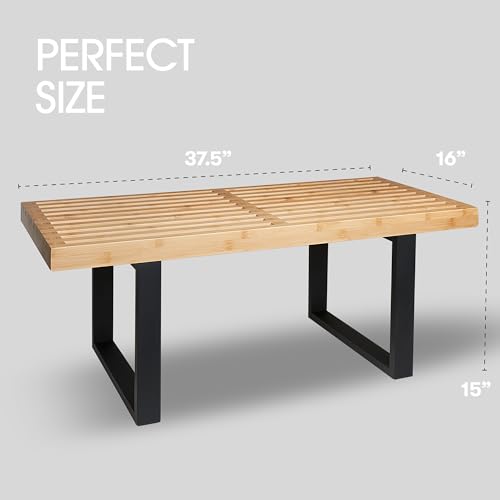 Bamboo Nelson Slat Wooden Bench, Small Wood Benches for Entryway, Living & Dining Room, Kitchen, Bedroom, Bathroom, Hallway, Front Door, For Indoor & Outdoor Patio Use, Mid Century Modern Decor