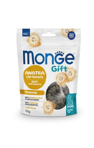 Monge Snack Cane Gift, snack per cani di tutte le taglie, gusto Anatra con Banana senza cereali, favorisce il supporto per l'affaticamento fisico | 3 confezioni da 150 grammi l’una.