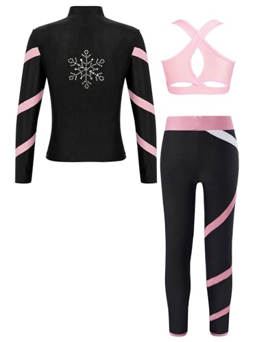 Yizyif Kids Girls Figure Ice Skating Gym Training Suit Long Sleeve Jacket Sleeveless Crop Top With Skating Pants Set Pink 6 Years thumb #1