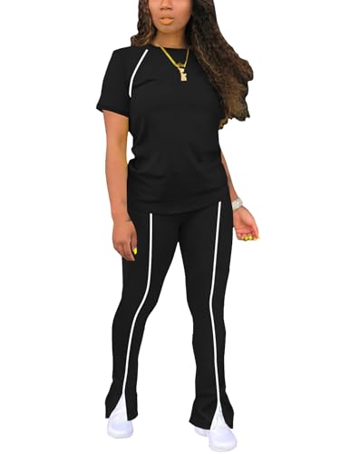Image of STOLKISS Women 2 Piece Outfits Summer Workout Sweatsuit Striped Short Sleeve Long Flare Pants Casual Travel Tracksuit
