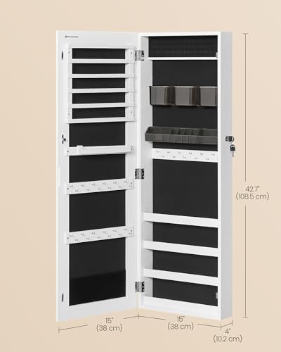 Image of SONGMICS HOME Mirror Jewelry Cabinet, Lockable Hanging Jewelry Organizer with Full-Length Mirror, Door or Wall Mounted Storage Cabinet, White