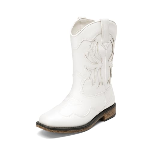 DREAM PAIRS Toddler Cowboy Boots Cowgirl Boots for Girls Square Toe Mid Calf Boys Western Fashion Riding Shoes for Toddler/Little Kid/Big Kid 10 Toddler White