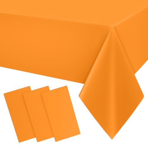 Image of Smiry Disposable Table Cloth 3 Pack, 54 x 108 Inch Waterproof Plastic Tablecloth, Decorative Rectangle Table Covers for Party, Birthday, Picnic, Orange