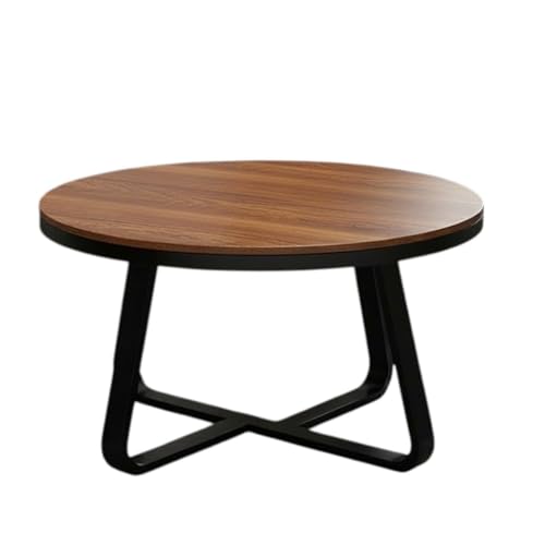 Image of Modern Round Wooden Coffee Table | Antique Wood Finish | Top Black Metal Base | Minimalist Centre Furniture Accent Piece for Living Room Bedroom Lounge Office Apartment Home Decor | (60x45 cm)