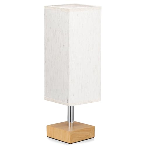 Image of Wood-Grain Small Bedside Lamp for Bedroom - Square Cream Fabric Shade | Inline Rocker Switch, Corded Electric, Bulb Not Included, 12.8 inch Mini Table Lamp for Nightstand, Desk, Dorm, Office