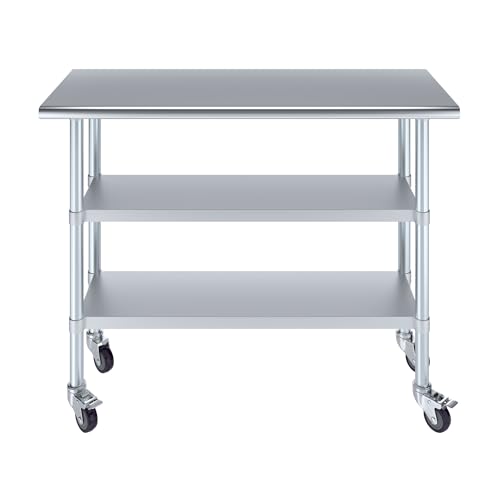 Image of AmGood Stainless Steel Work Table with 2 Shelves and Casters | Metal Utility Table On Wheels (Stainless Steel Work Table with 2 Shelves + Casters, 48 inch Long x 18 inch Deep)