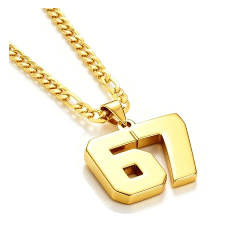 TJLMCORP 67 Chain 67 Necklace for Adults Stainless Steel Soccer Baseball Team Number Pendant Stainless Steel Polished Gold Finish Necklace