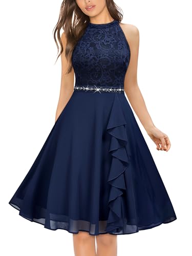 Miusol Women's Halter Neck Lace Ruffle Vintage Cocktail Party A-Line Bridesmaid Dress
