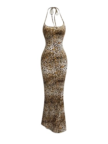 Image of Floerns Women's Leopard Print Sleeveless Halter Dress Club Bodycon Maxi Dresses