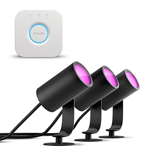 Philips Hue Lily Starterpaket mit 3 Gartenstrahler (Anthrazit) - Weißes und Farbiges Licht - inkl. 1 Stromkabel, 1 Hue Bridge - Gartenbeleuchtung - Hue White and Color Ambiance