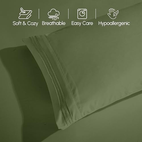 Image of Elegant Comfort Luxurious 1500 Premium Hotel Quality Microfiber Three Line Embroidered Softest 4-Piece Bed Sheet Set, Wrinkle and Fade Resistant, King, Sage-Green