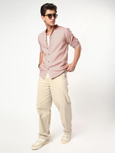 Image of Urbano Fashion Men's Linen Blend Full Sleeve Relaxed Fit Mandarin Collar Casual Solid Shirt
