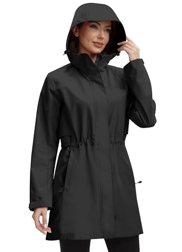 ATLASLAVA Rain Jacket Women Waterproof Long Raincoat Hood Lightweight Windbreaker Outdoor Coat BLACK M